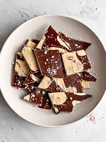 Chocolate and Peppermint Bark 60 Chocolate bark with white swirl and candy cane topping