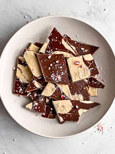 Chocolate bark with white swirl and candy cane topping