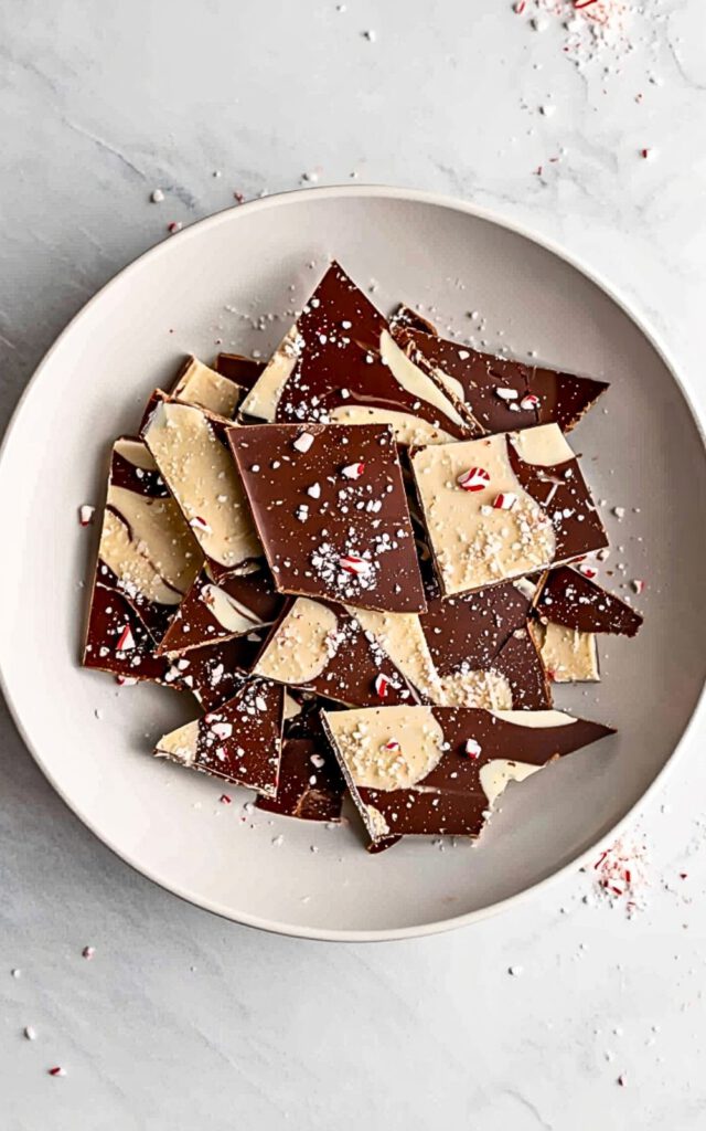 Chocolate bark with white swirl and candy cane topping