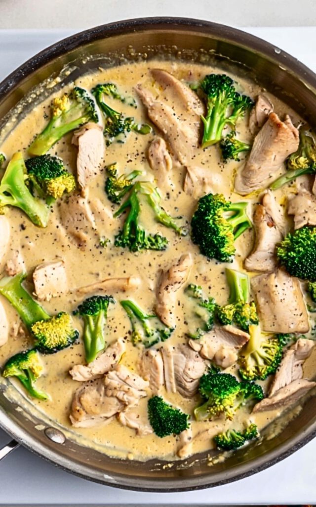 Chicken, broccoli, and sauce together