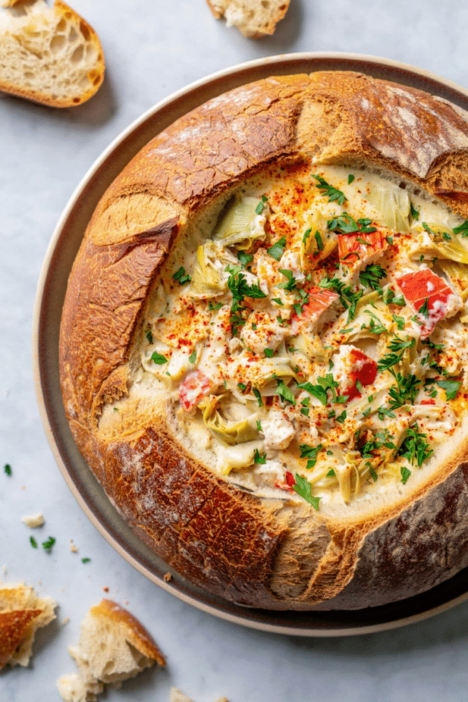 20 Christmas Party Appetizers That Will Steal the Show 21 Hot Crab and Artichoke Dip Bread Bowl