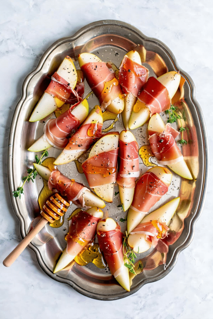 Prosciutto Wrapped Pear Bites with Honey