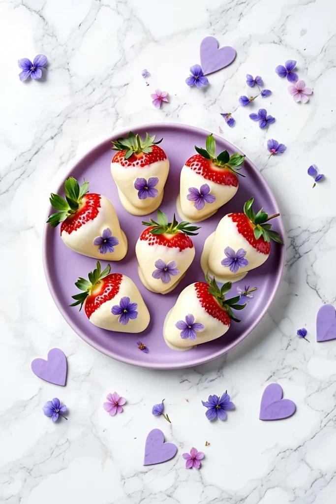 20 Chocolate Covered Strawberries That'll Make Your Valentine's Day Extra Sweet 14 Candied Violet Topped Strawberries