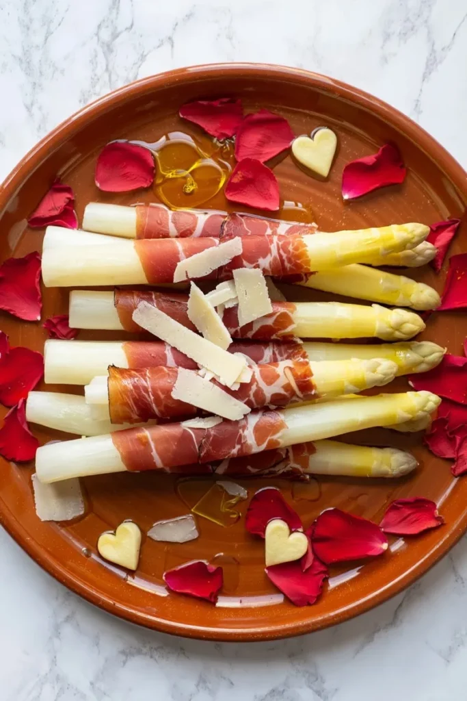 Iberico Ham Wrapped White Asparagus with Manchego Shavings