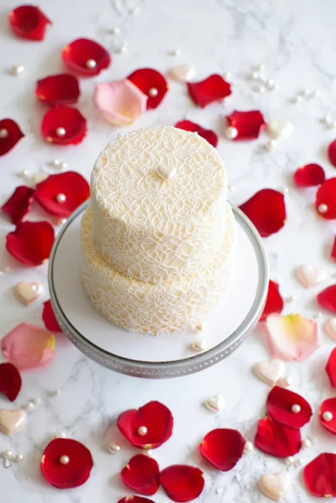 20 Valentine's Day Cake Decorating Ideas That'll Turn Your Bake into Art 3 Lace Fondant Overlay with Pearl Dust