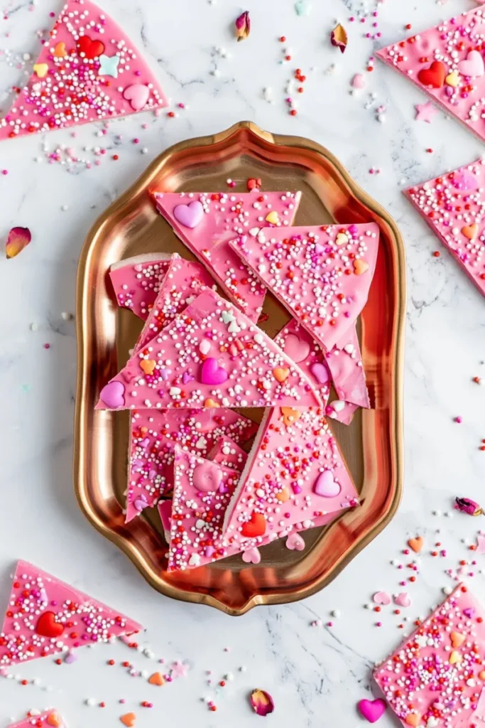 20 Easy Valentine's Day Snacks That'll Keep the Love Flowing All Day 11 Pink Chocolate Bark with Sprinkles