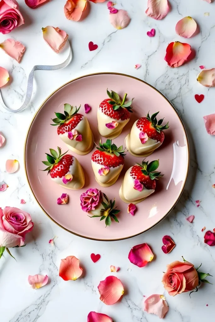 20 Chocolate Covered Strawberries That'll Make Your Valentine's Day Extra Sweet 20 Rose Petal Garnished Strawberries