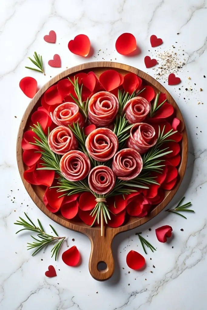 Salami Roses with Rosemary Stems